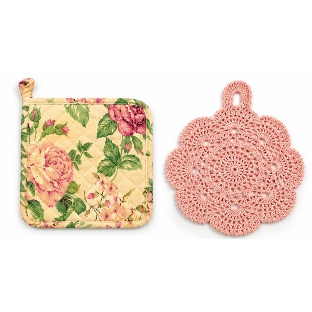 Laura Ashley Floral Potholder Trivet Set Cottagecore Pink Crochet 8" 8.5"